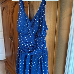 Blue Polka Dot ruffled skirt swimsuit and matching coverup with hoodie